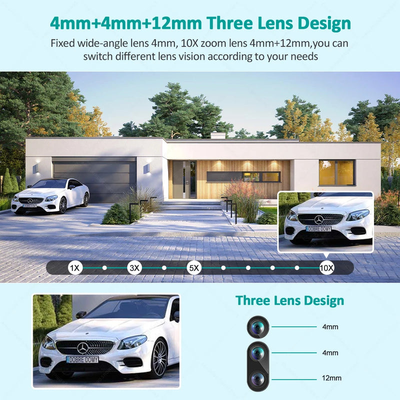 12MP 6K WiFi Camera Outdoor Surveillance 10X Zoom Three Lens Dual Screen Mini Video Cam Auto Tracking Security Protection CCTV