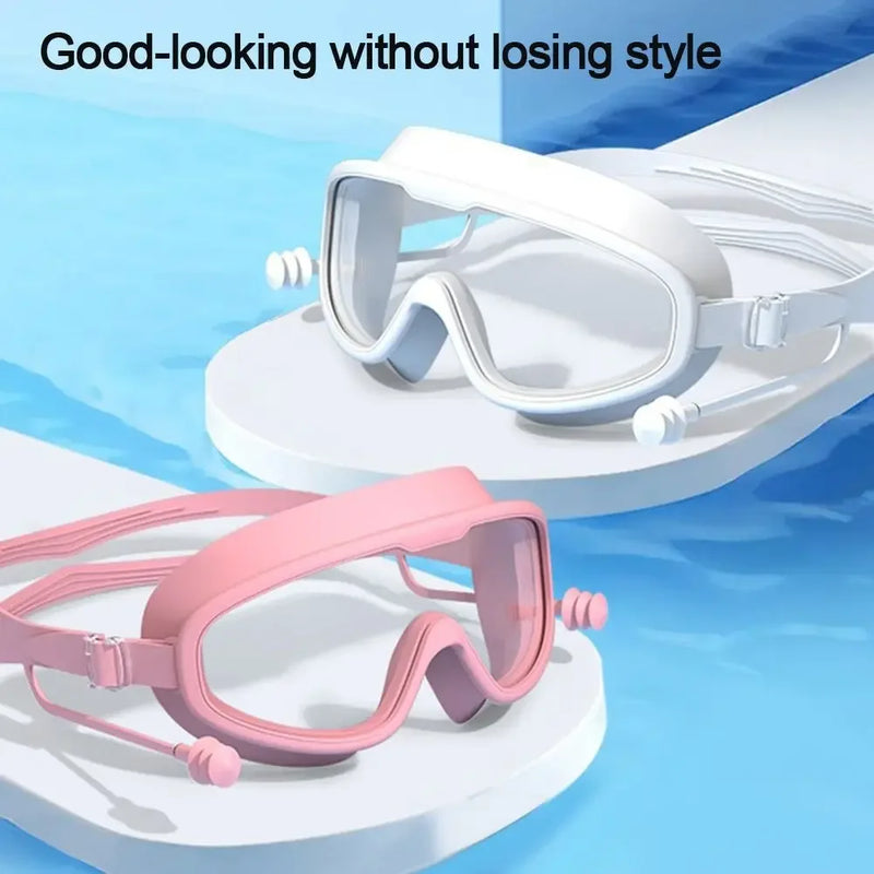 Kids Big Frame Swimming Goggles with Earplugs Children's Anti-fog Swimming Glasses Boys Girls Pool Beach Eyewear