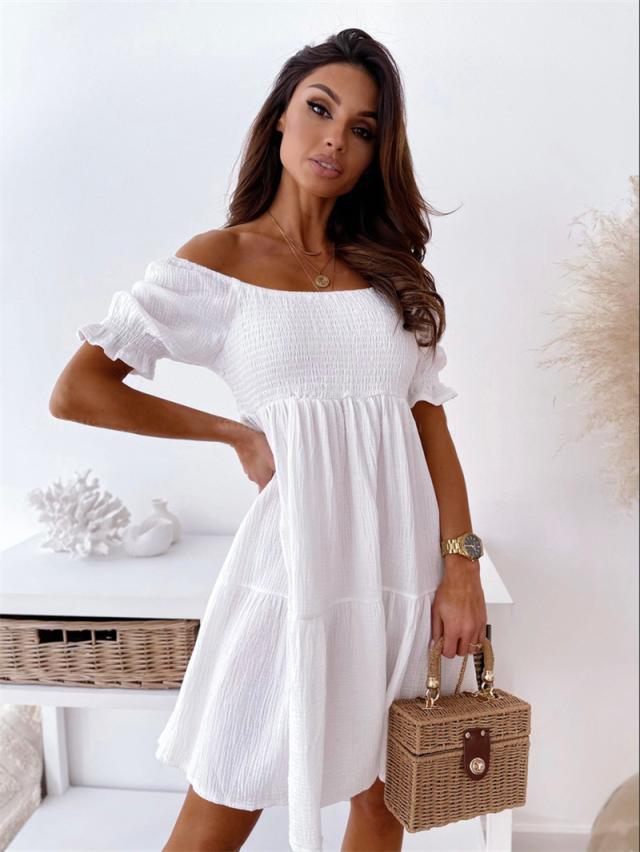 Women Sexy Backless Mini Dress Summer Fashion Lady Slash Neck White Puff Sleeve Big Swing Party Beach Dresses Casual Robe Femme