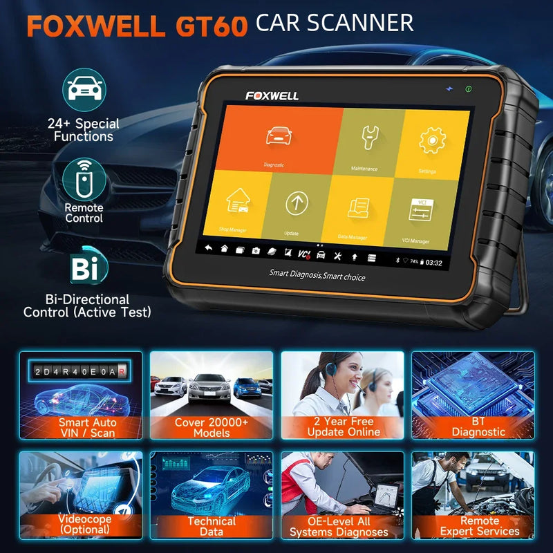 FOXWELL GT60 OBD2 Diagnostic Tool All System Bi-directional Car Code Reader 24 Reset Professional OBD 2 Automotive Scanner