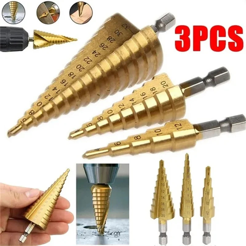 1/3pcs Titanium Plated Step Drill Bit High Speed Steel Hole Cutter Wood Metal Drill Bit HSS Power Tool Carpentry Core Drill Tool