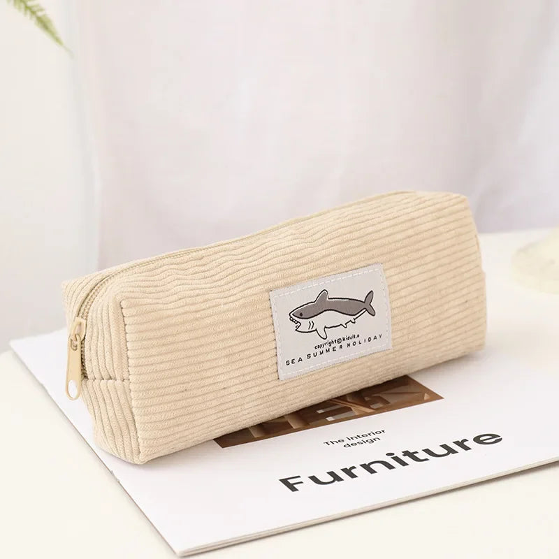 Cute Corduroy Pencil Case Little Shark Embroidery Pen Bag Pouch Gift for Girls&Kids School Office Stationery Organizer Supplies