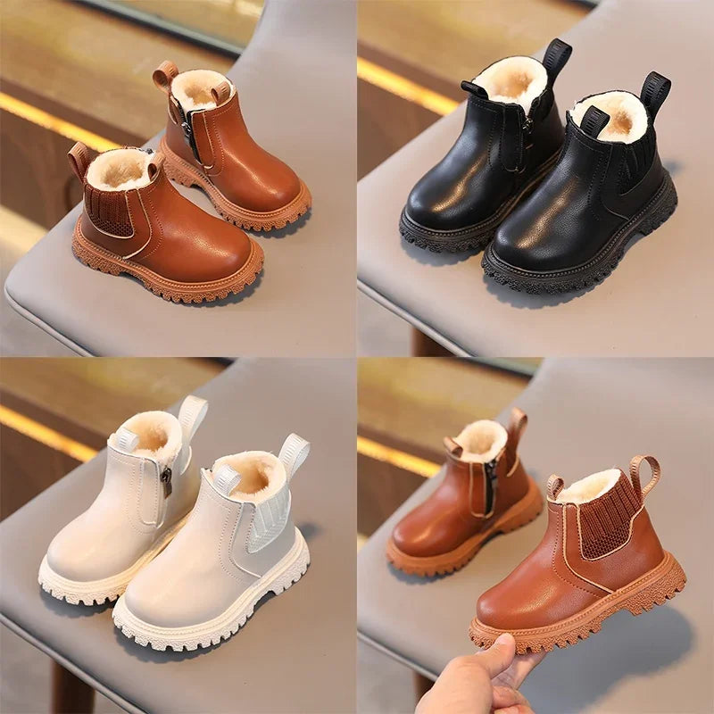 Winter Kids Boys Girls Fashion Boots British Style Zipper Velvet Warmth Non-Slip Short Boots Anti-slip Children Leather Shoes