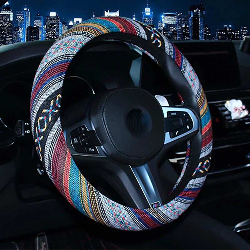 Car Steering Wheel Cover 38cm Universal Elastic National Wind Linen Car Steering Wheel Cover Breathable Non-slip Car Accessories