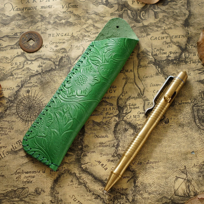 Genuine Leather Pencil Bag with Flower Embossed Leather Boy's and Girl's School Students Pen Holder Simple Retro Pencil Bag