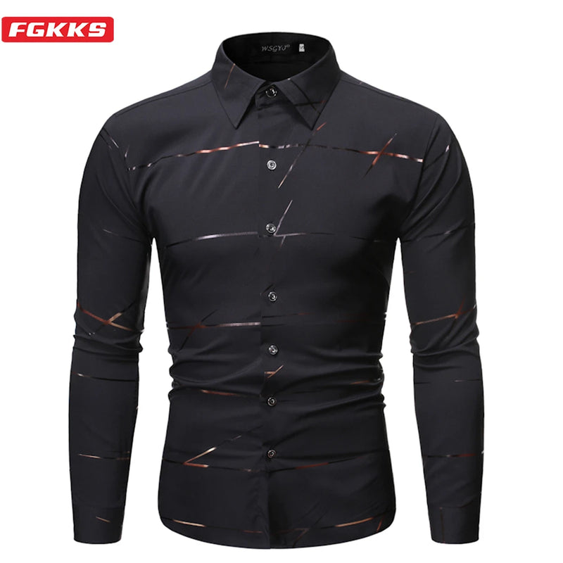 FGKKS 2023 Summer Brand Men's Shirt Printed Casual Long Sleeved Male Social Shirt Slim Fit Dress Shirt For Men