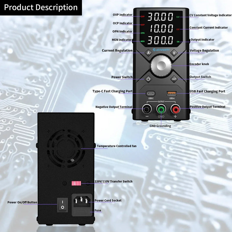 Adjustable DC Power Supply 30V10A Lab Bench Power Supply Encoder Regulation Laboratory Power Supply Voltage Regulator Switch