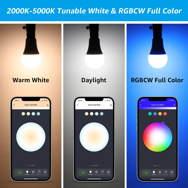 4 Pack Smart WiFi LED A19 Bulb, RGBCW Color Changing, Compatible with Alexa & Google Home & Echo Assistant