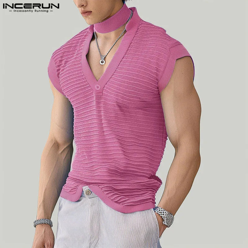 2024 Men's Tank Tops Shiny Striped V Neck Sleeveless Casual Vests Streetwear Summer Fashion Leisure Men Clothing S-5XL INCERUN