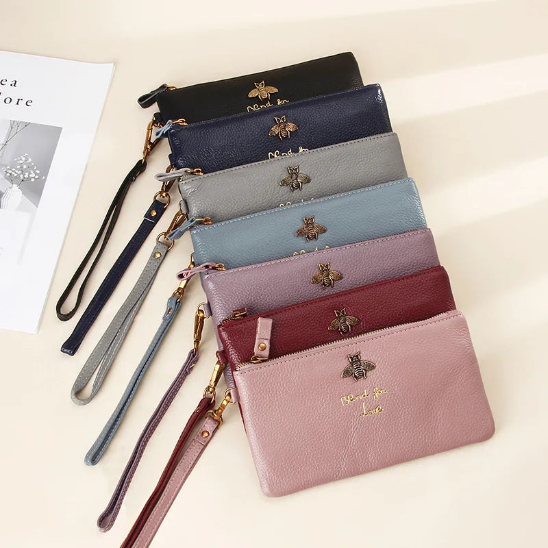 Leather Women Clutch Wallets Bee Zipper Purse Long Coin Purses Cell Phone Pocket Female Wristband Card Wallet Ladies Money Bag
