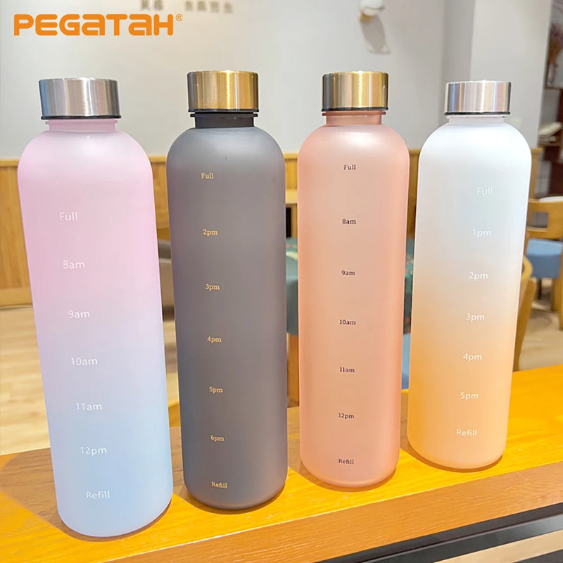 1L Water Bottle With Time Marker 320Z Large Capacity Reusable Fitness Sports Outdoors Travel Leakproof BPA Free Frosted Plastic