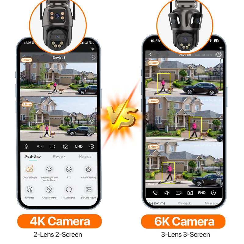 6K HD Outdoor Wifi PTZ Camera Three Lens 4K Dual Screen IP Camera Auto Tracking Color Night Video Surveillance CCTV P2P iCsee