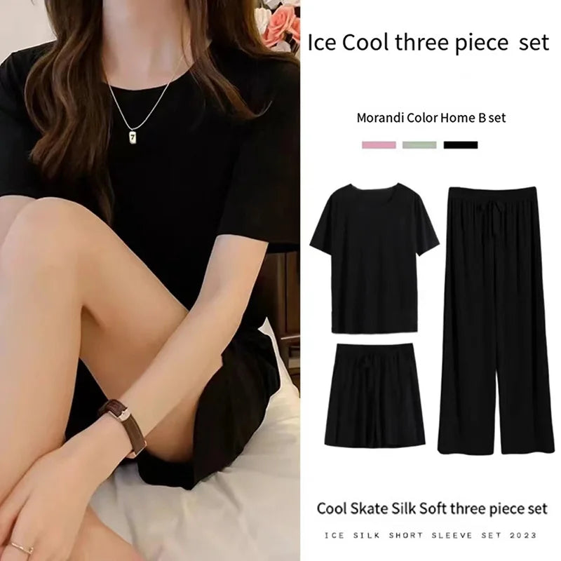 Ice Silk Pyjamas Three-Piece Set of Women's Homewear Trousers Simple Leisure and Comfortable Loose Short-Sleeved Shorts Suit
