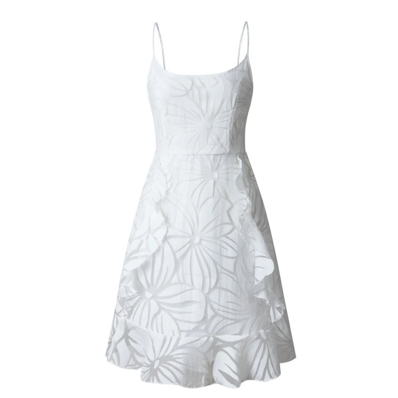 BKLD 2024 Spring Summer Fashion Printed Ruffles Spaghetti Strap Short Dresses Clothes For Women Night Club Outfits White Dress