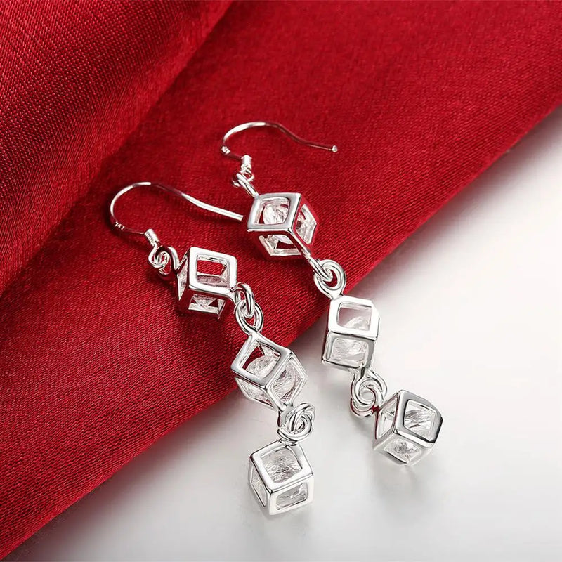 Hot noble 925 Sterling Silver crystal lattice drop Earrings for Woman  fashion party Jewelry wedding Christmas Gifts