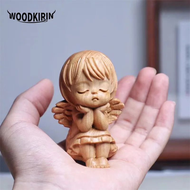 Wooden Little Angel Characters Decorative Statue Cute solid wood carving Home Room Office Car Art Sculpture Small Gift