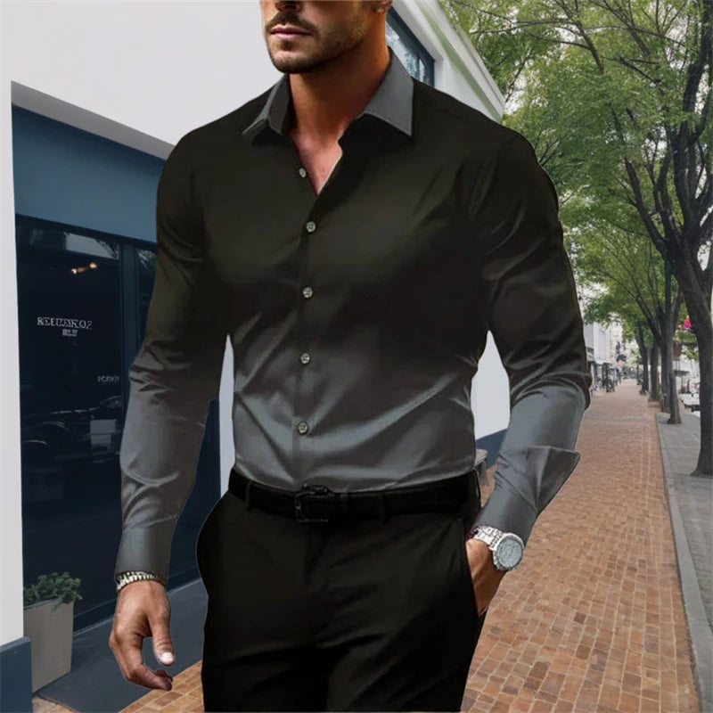 2024 Men's Striped Long Sleeve Shirt Men's Casual All-match Fashion Street Men's Shirt Lapel Single-breasted Long Sleeve Top