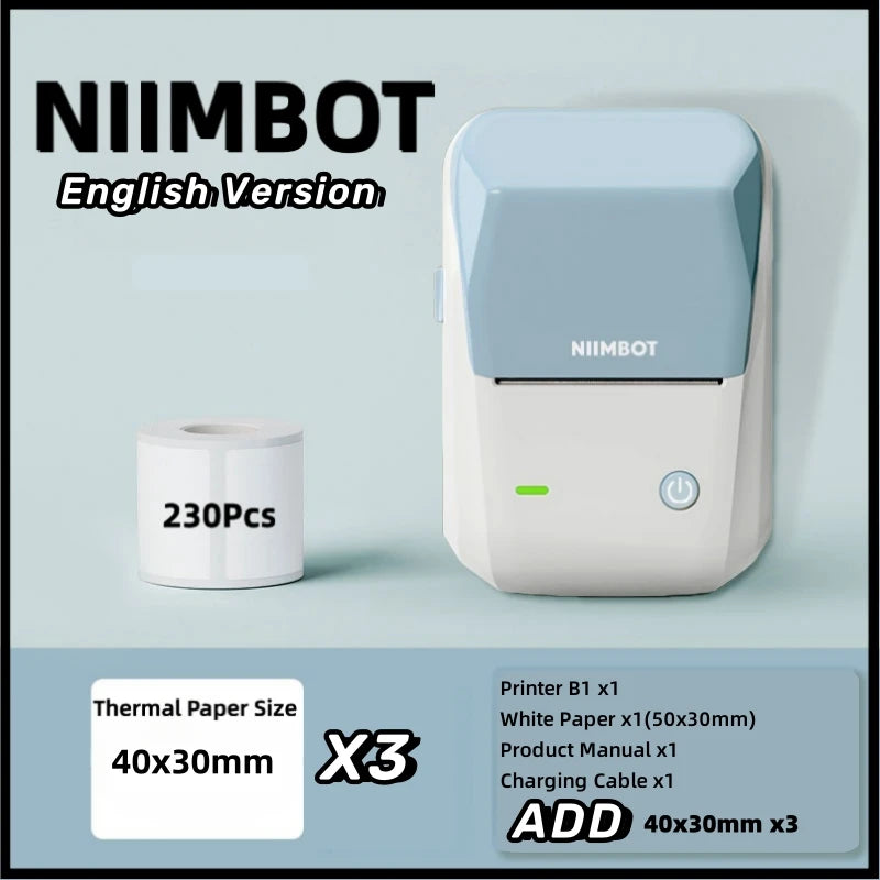 Niimbot B1 English Label Printer Portable Handheld Thermal Printer Mini Barcode QR Code Sticker Paper Color Rolls Maker Cable