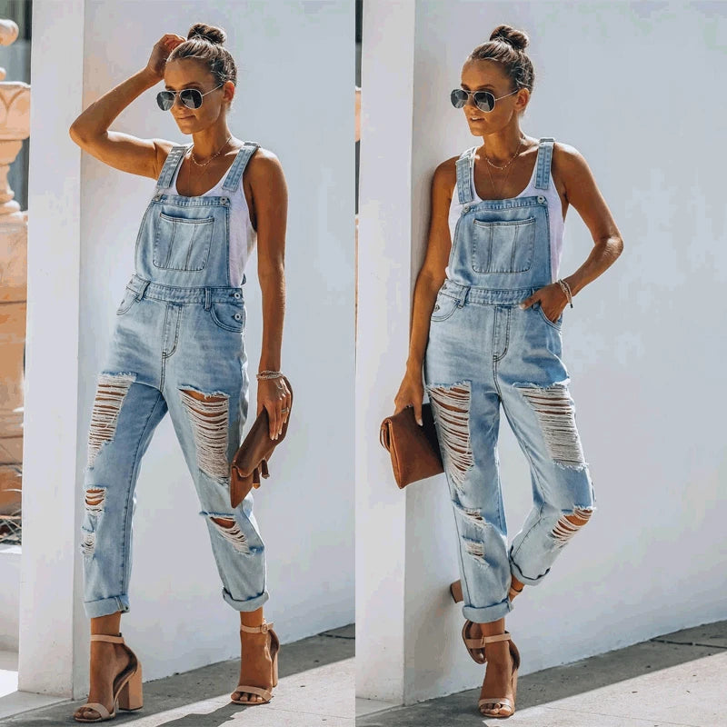 Women's Ripped Denim Jumpsuit Fashion Slouchy Loose Pocket Slim Solid Color Blue Strap Jeans Trousers Work Clothes