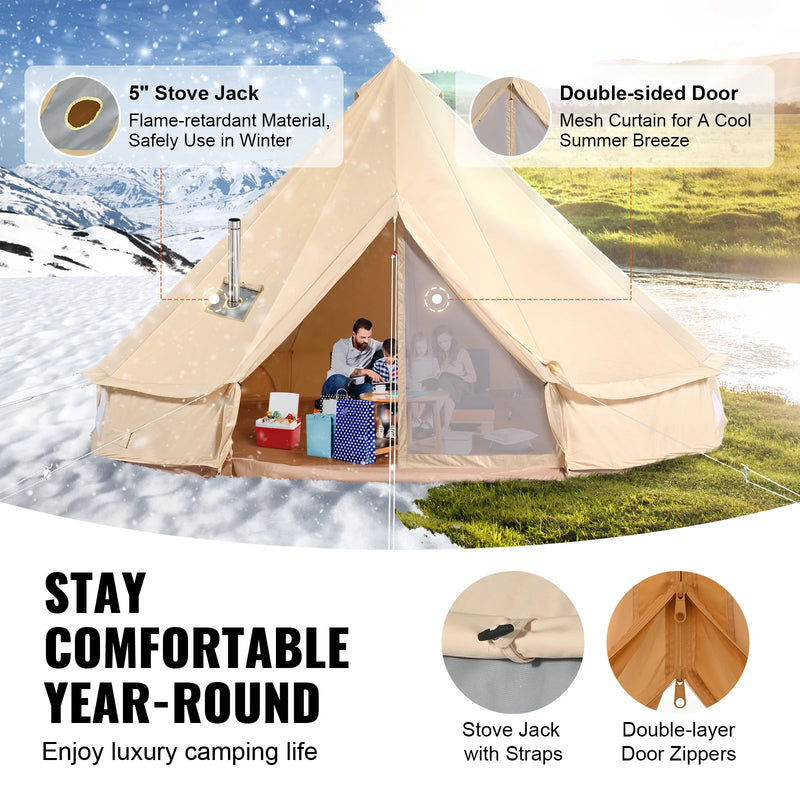 SucceBuy Canvas Bell Tent 4 Seasons 4 m/13.12 ft Yurt Tent Canvas Tent for Camping with Stove Jack Breathable Tent Holds 6People