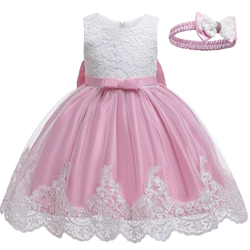 Flower Girl Dress For Wedding 3-12 Years Lace Tulle Bow Elegant Child's Birthday Party Dress