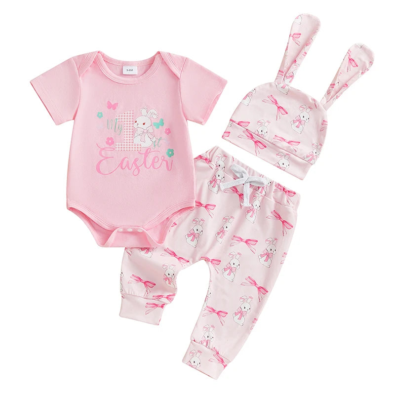 Adorable Baby Girls Easter Bunny Outfit Set with Romper Pants and Hat - Short Sleeve with Bow Pattern - 3 Pieces
