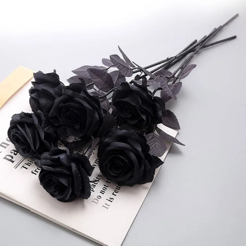 5pcs Silk Black Rose Artificial Flower Head Bouquet Home Living Room Weeding Chritmas Decoration New Year Decoration