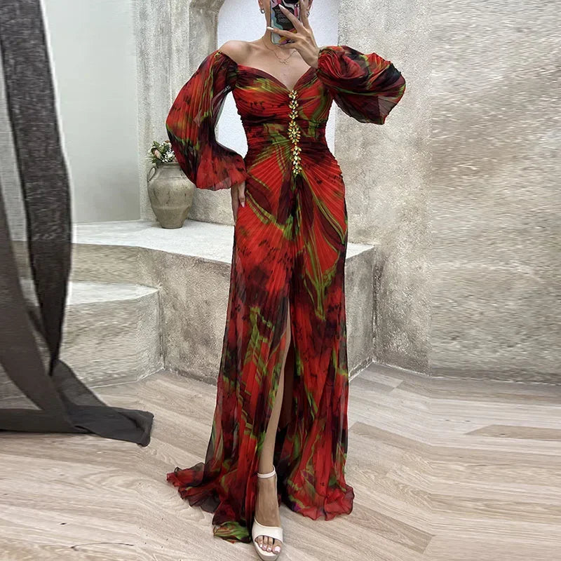 Casual Lantern Long Sleeve Big Hem Long Dress Vintage Tie-dye Print Pleated Party Dress Women Sexy Deep V-neck Waist Split Dress