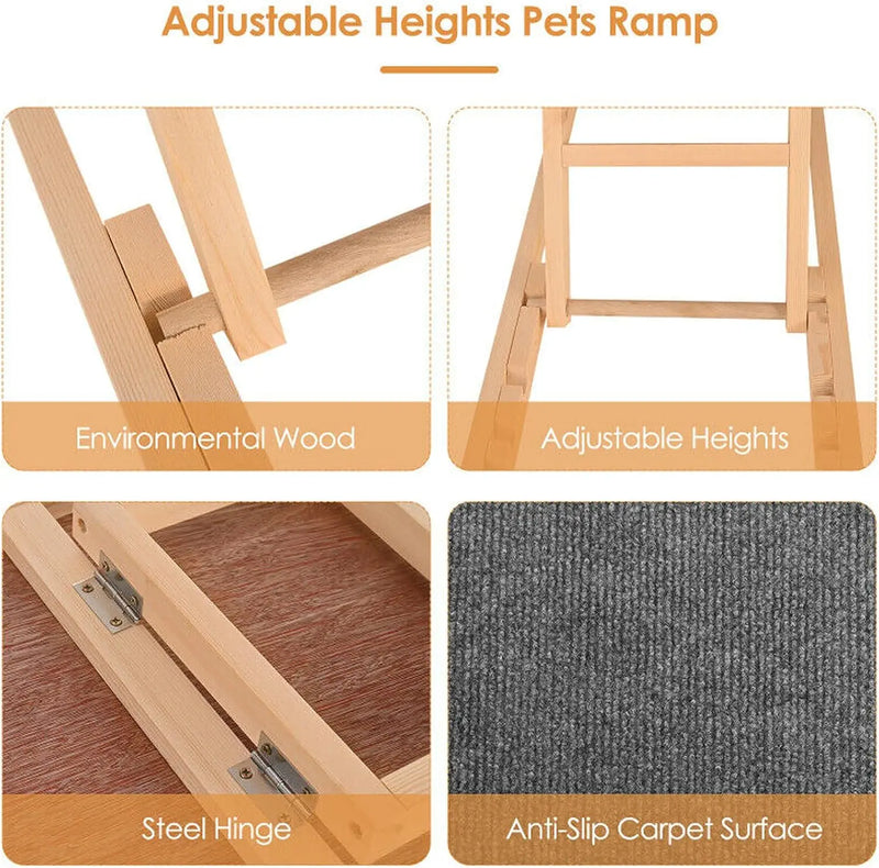 Solid Wooden Pet Ramp Car Dog Ladder, Height Adjustable with Non-slip Carpet Safety Pets Ladder, Wooden Dog Ramp Ladder