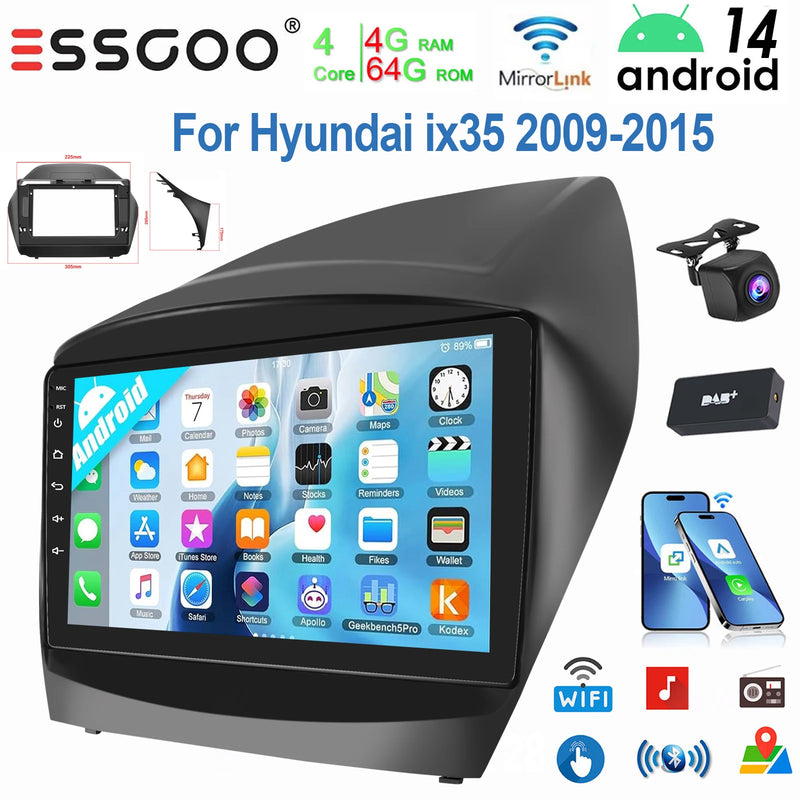 ESSGOO 9" Android 14 Display Car Stereo Radio GPS Navigation For Hyundai ix35 2009-2015 Carplay Android Auto SWC USB Wifi BT FM