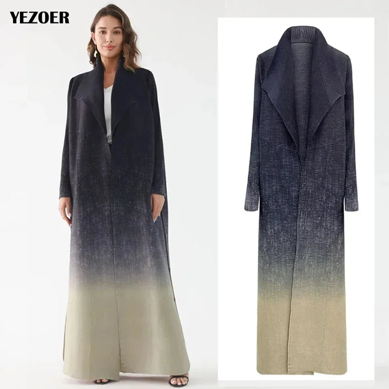 Miyake Pleated Printed Women Trench Coat Retro Design Loose Large Size Cardigan Long Dress 2024 New Female Luxury Robe
