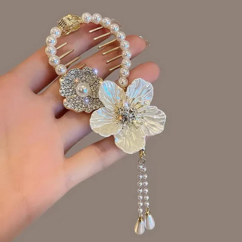 Flower Tassel Hair Clip Women Ladies Butterfly Rhinestone Pearl Metal Hair Claw Round Bun Ponytail Holder Hair Accessories