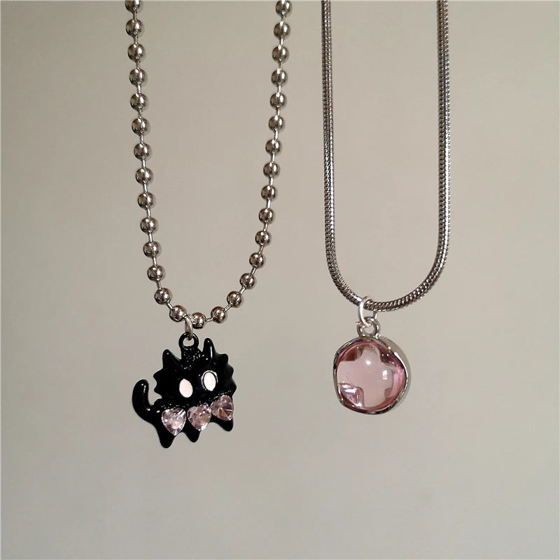 Kpop Punk Goth Black Cat Pink Crystal Cross Heart Pendant Star Chain Necklace Men Women Hip Hop 2000s Y2K Grunge EMO Accessories