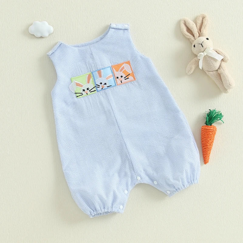 Easter Bunny Embroidered Sleeveless Rompers for Baby Boys and Girls - Adorable Striped Summer Bodysuits and Jumpsuits