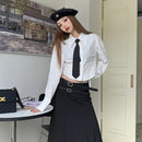 Jk Women Blue Shirt Korean Preppy Style Sweet Tie Long Sleeve Female Blouse Spring New Fashion Turn Down Collar Ladies Tops