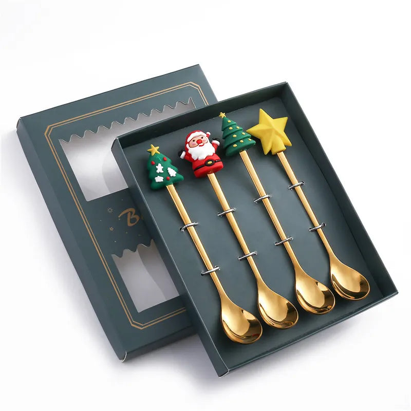 4pcs New Year 2023 Christmas Spoon Xmas Gifts Party Table Ornaments Milk Coffee Spoon Christmas Kitchen Decorations Tableware