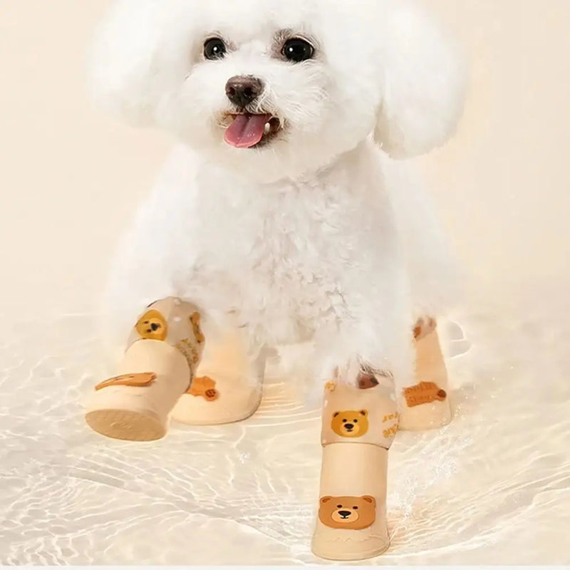4Pcs/Set Cartoon Pet Silicone Rain Boot Cute Waterproof Anti Slip Pet Paw Protector Dog Shoes Outdoor