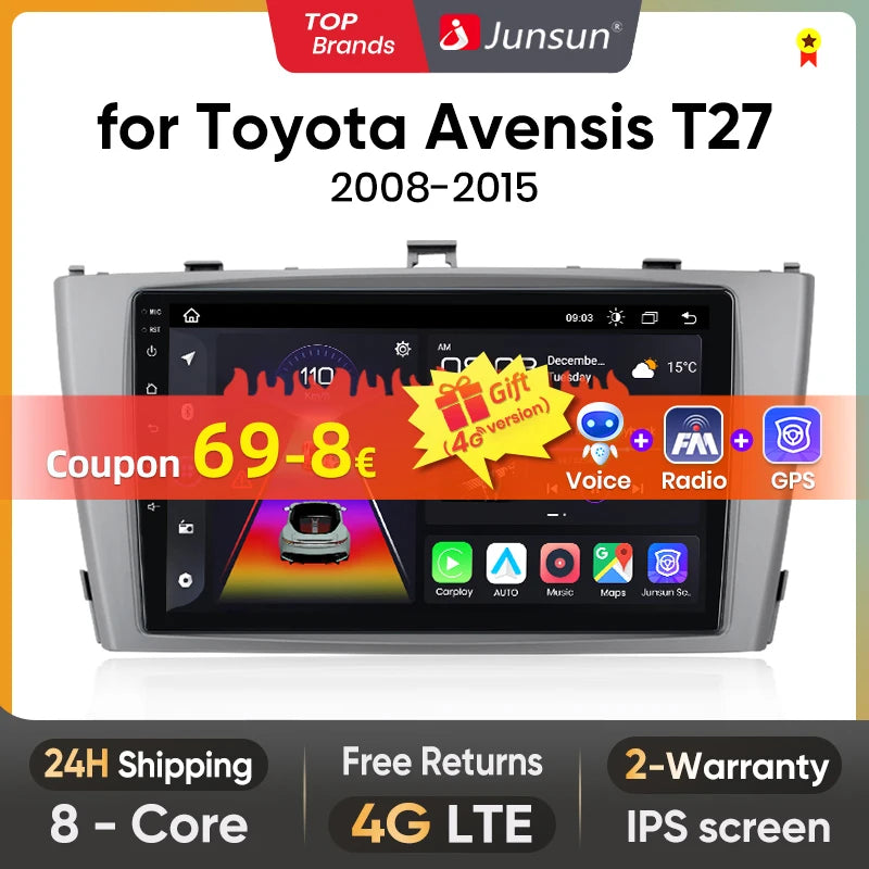 Junsun V1 Wireless CarPlay Android Auto Car Radio for Toyota Avensis T27 2008-2015 GPS Car Intelligent Systems Smart Autoradio