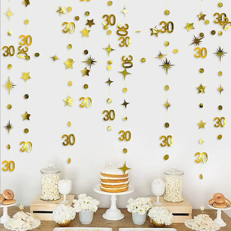 Gold 30th Happy Birthday Party Paper Banners Decorations Number 30 Year Old Circle Dots Twinkle Star Garlands Hanging Backdrops