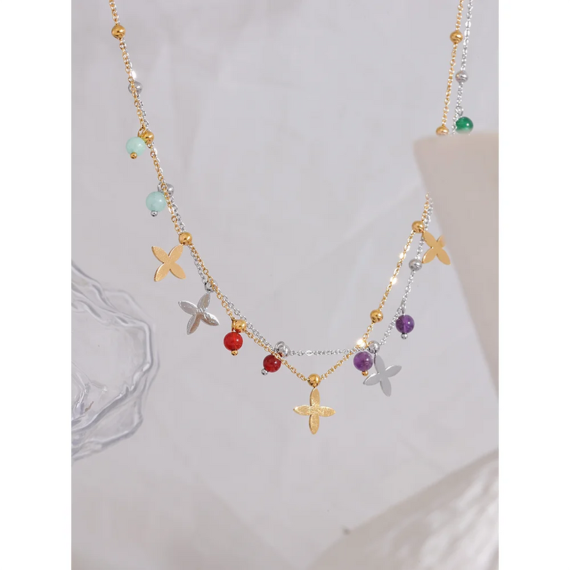 Yhpup Colorful Waterproof Natural Stone Flower Drop Stainless Steel Chain Aesthetic Necklace Fashion Collar Jewelry for Women