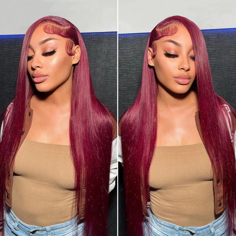 Burgundy 13x4 HD Lace Frontal Human Hair Wig Straight wig 13x6 Lace Front Human Hair Wigs For Women 99J Colored 200 High Density