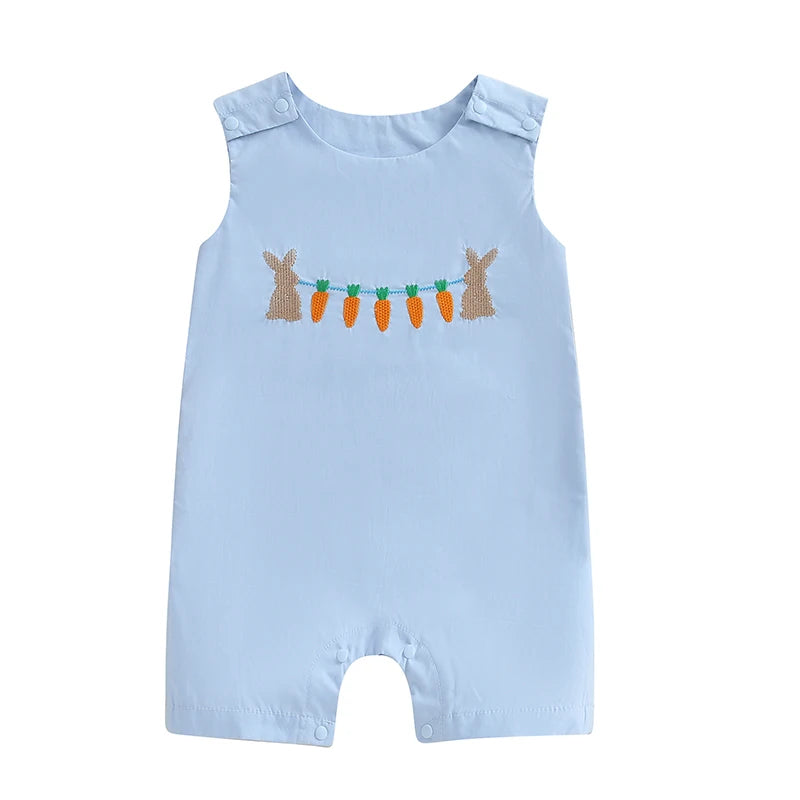 Infant Easter  Adorable Sleeveless Round Neck Rabbit Embroidered Loose Fit Romper Baby Jumpsuit Toddler Outfit for Spring