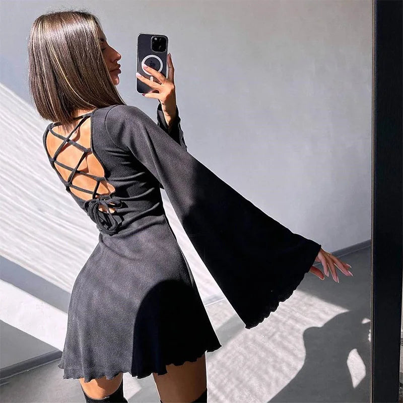 Sexy Dresses Nightclub Mini Short Party Dress Women Back Bandage O Neck A Line Flare Sleeves Autumn Vestidos Ladies Fall Robe