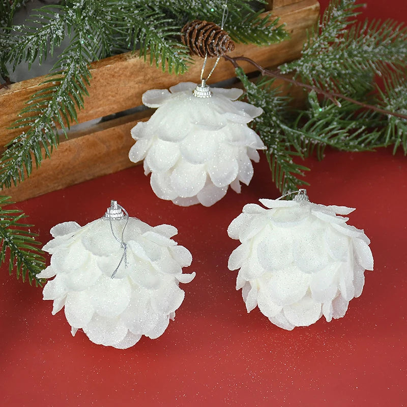 3pcs/Box Christmas Tree Ornaments White Glitter Petal Shape Balls Foam Snow Ball Christmas Pendants New Year Home Hanging Decor