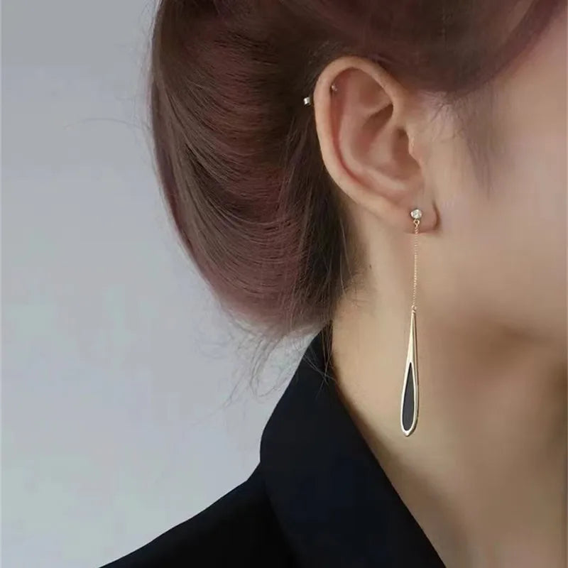 Black Enamel Water Drop Earrings Women's Temperament Chain Tassel Pendant Ear Ins Wind New Trendy Ear Jewelry Summer