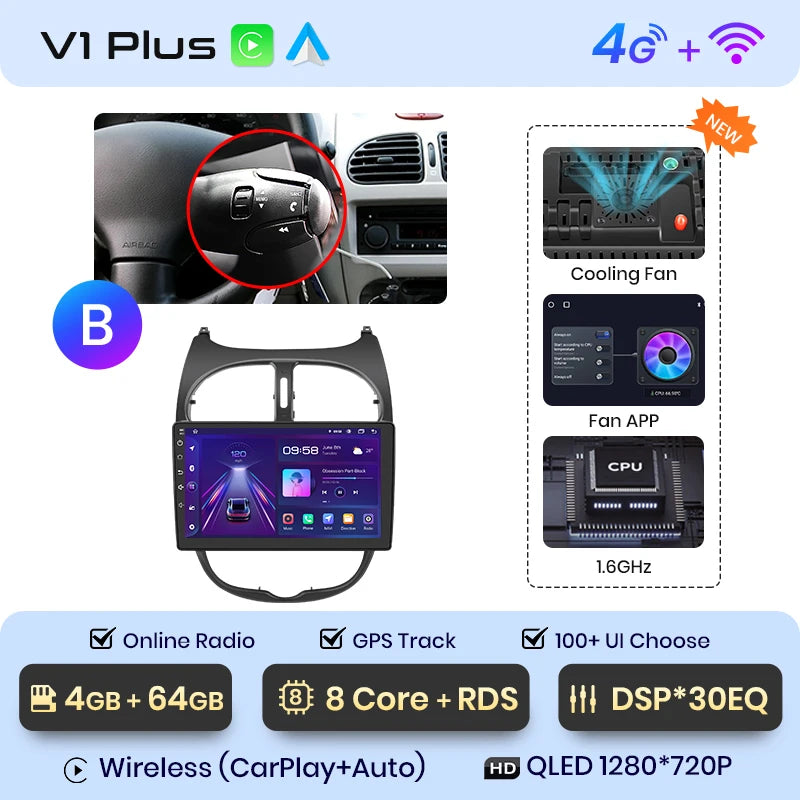 Junsun V1 Wireless CarPlay AndroidAuto Radio For Peugeot 206 206CC 206SW 2001-2008 4G Car Intelligent Systems 2Din Autoradio GPS