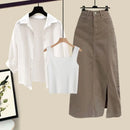 2025 Summer New Korean Elegant Dress Matching Set Women's Fashion Sunscreen Shirt+Vest+Cowboy Midi Skirt Three Piece Female Suit