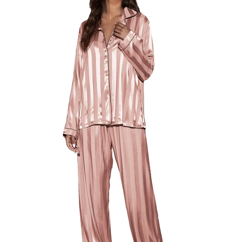 Stripe Long Sleeve Trouser Pijamas Suit Women 2PCS Pajamas Set Sleepwear Spring Summer Satin Nightwear Loose Homewear Loungewear