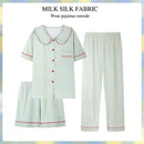 3pcs/set Short Sleeve Premium Feeling Pajamas Women's Cardigan Short Sleeve Long Pants Homewear Ladies Student Pajama ThreeSet