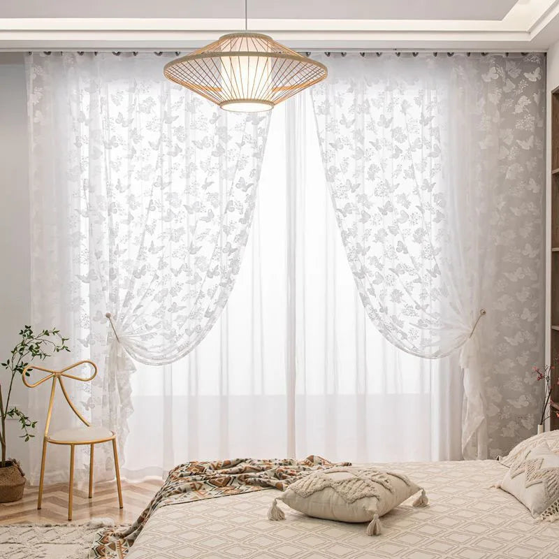 Butterfly Gauze Curtain European and American White Lace Gauze Curtain Curtains for Living Dining Room Bedroom